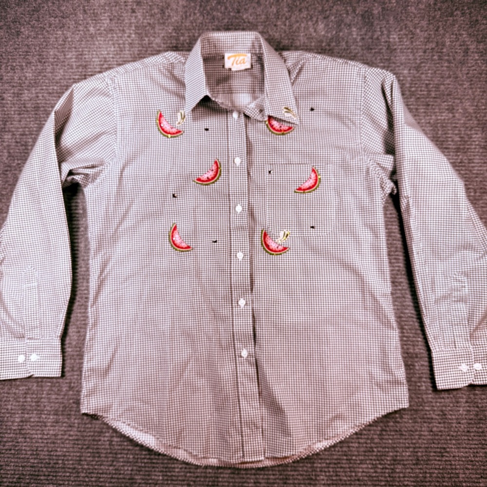 Vintage Tia Gingham Watermelon Embroidered‎ Sequin Button Up Shirt Black White M